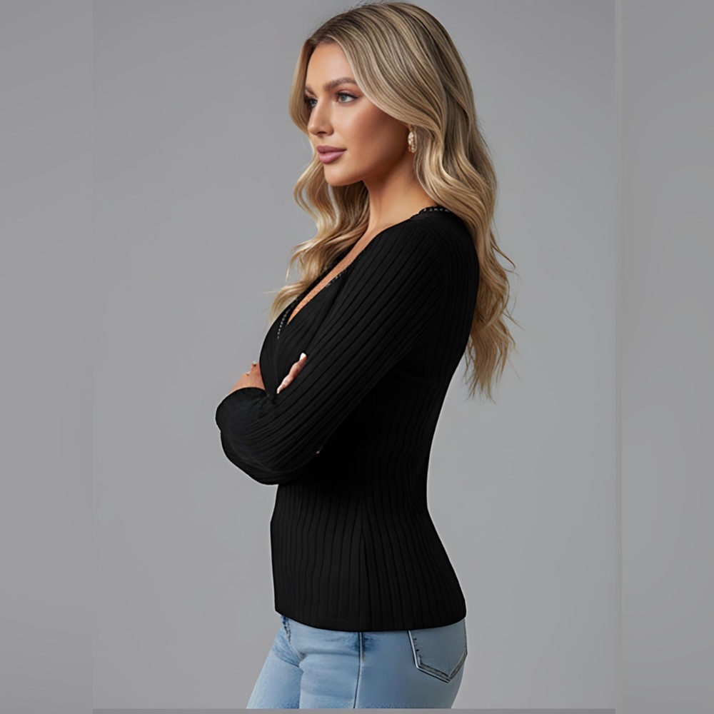 Black Ribbed Long Sleeve Rhinestone Knit - Picture 4 of 9